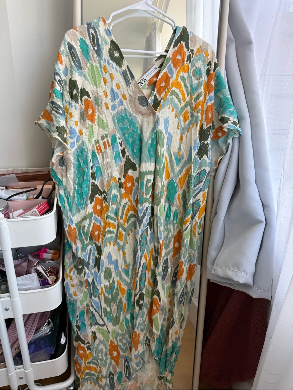 ZARA Ikat Print Kaftan Midi Dress with Gold Metallic Thread